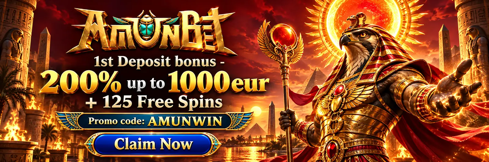 Amunbet 1st deposit bonus: 200% up to €1,000 plus 125 free spins with promo code AMUNWIN