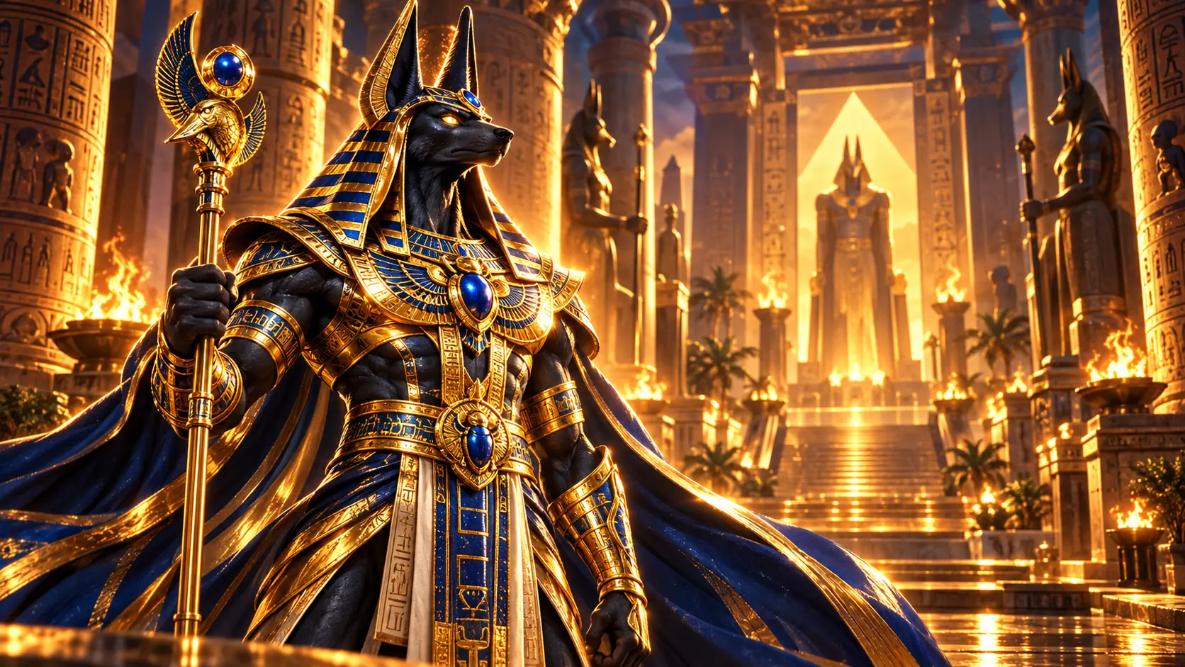Anubis standing in a golden Egyptian temple, Amunbet artwork