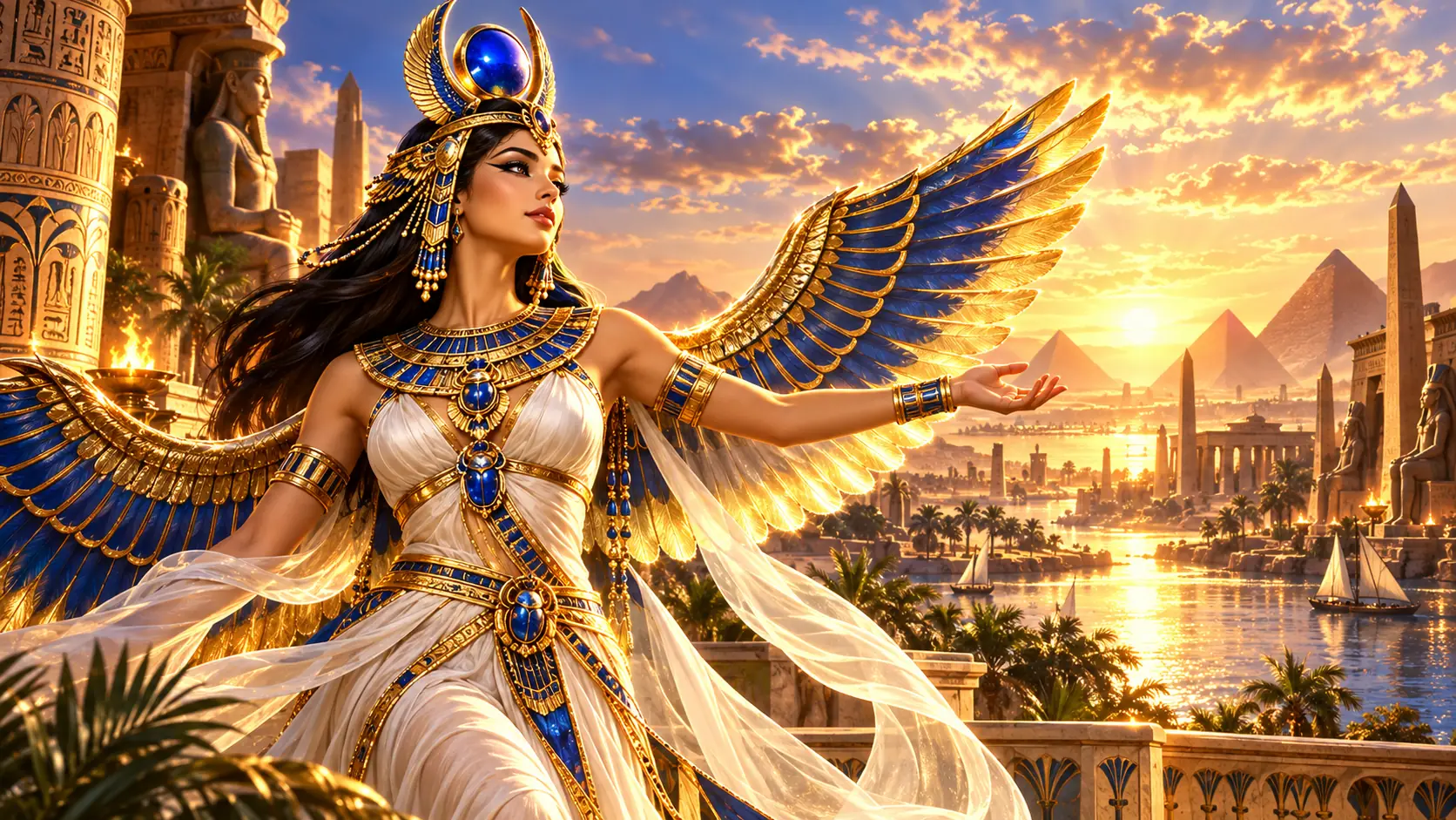 Winged Isis beside the Nile at sunset, Amunbet artwork