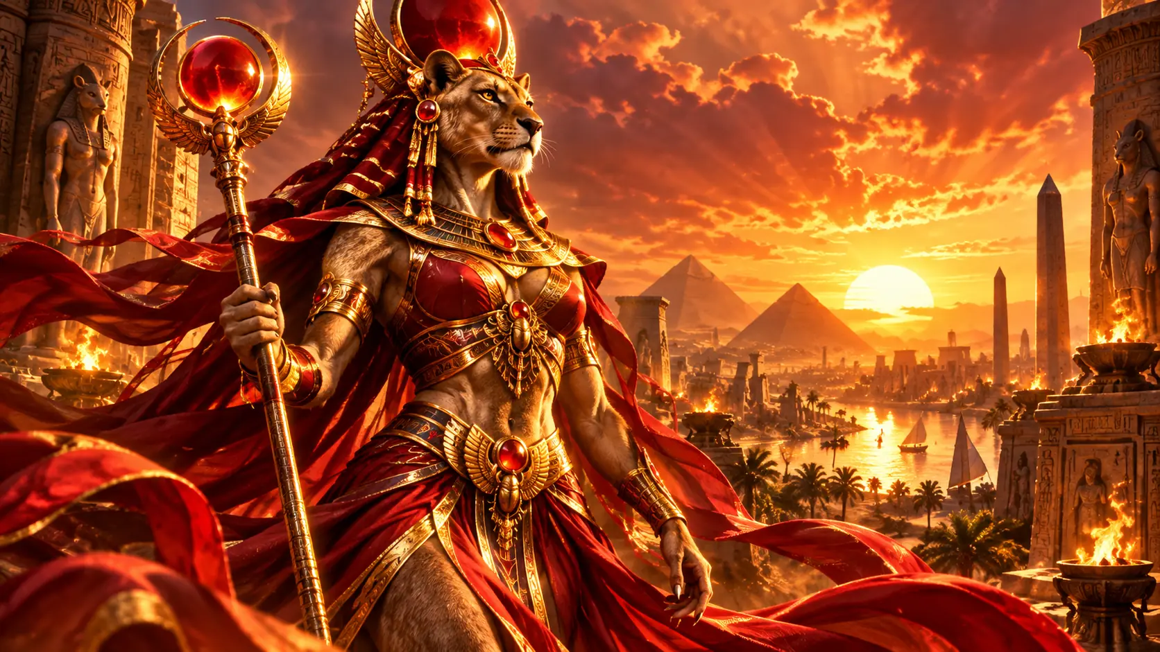 Lion-headed goddess in crimson robes at sunset, Amunbet artwork